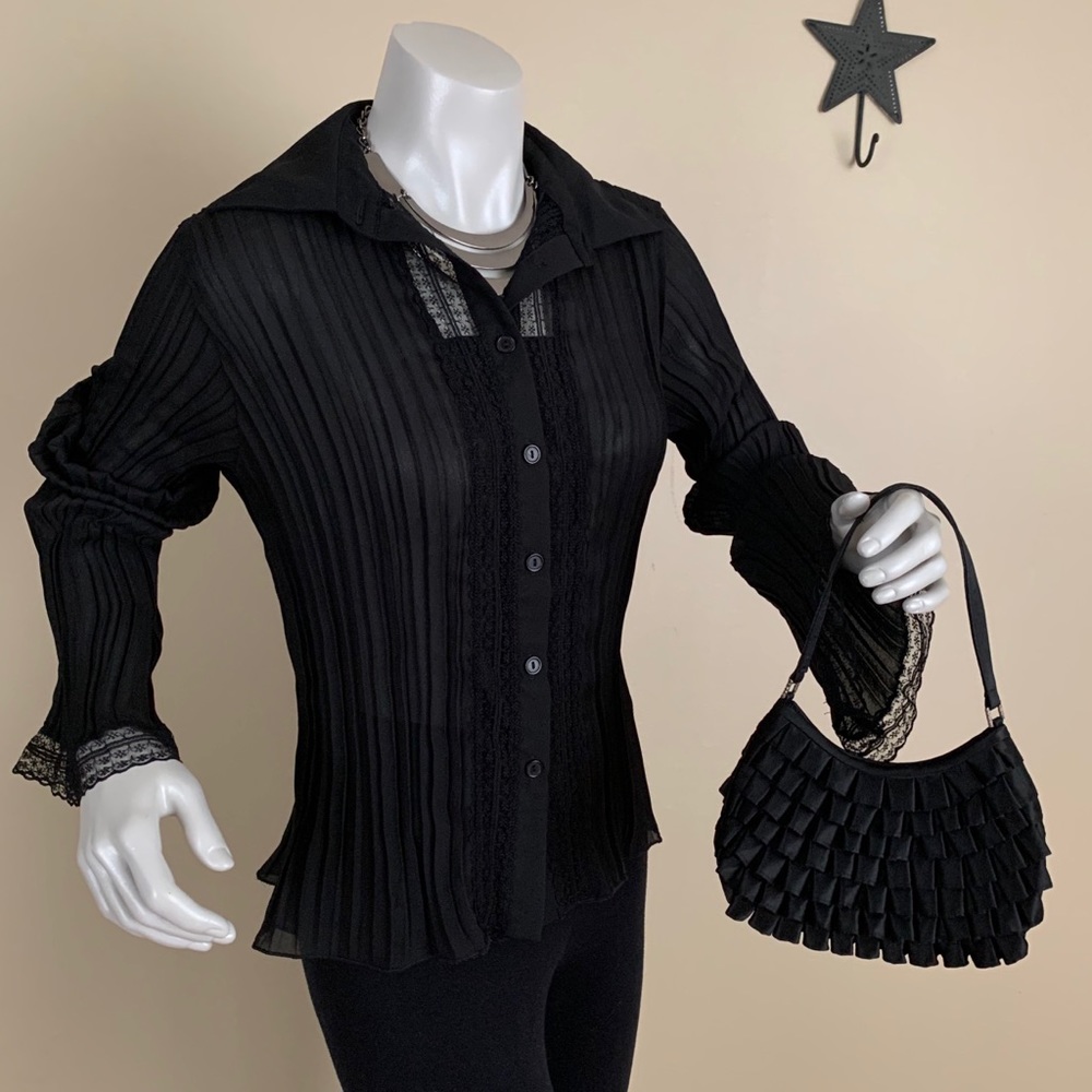 Rag Chiffon Scrunch Black Sheer & Lace Blouse